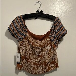 NWT Tan Floral Crop Blouse with Smocked Wide Neckline